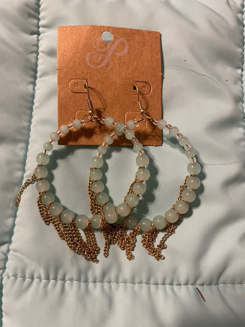 Plunder- Beaded Hoop Earrings with Gold Chain Fringe - Mint Green